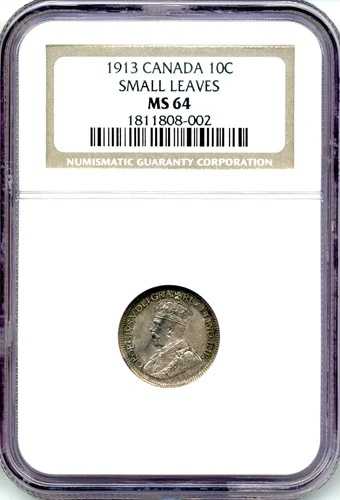 1913年カナダ10セント、小葉 - 厳選未流通、PCGS MS 64