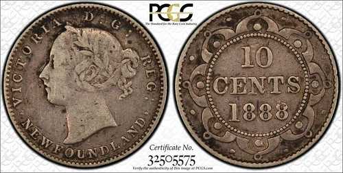 1888年ニューファンドランド10セント硬貨 PCGS VF30 131,450円