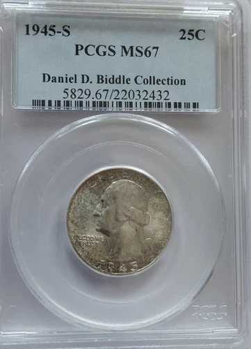 1945-S PCGS MS67 シルバー ワシントン クォーター トーニング ビデルコレクション