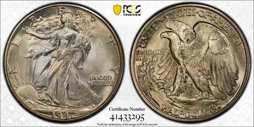 BU GEM 1947-D シルバー ウォーキング リバティ ハーフダラー。PCGS MS66+