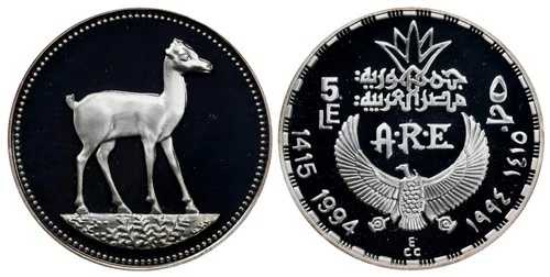 エジプト、5 井戸ガゼル 1994 ( 16 )PCGS PR 69 DCAM、非常にレア