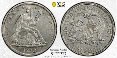 1868年 着席型自由の女神像 ハーフドル - PCGS 正規AU ディテール - 厳重洗浄済み #1015