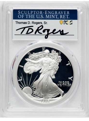 1986年 Sプルーフ シルバーイーグル PCGS PR70 DCAM トーマス・D・ロジャース直筆サイン入り ブルーラベル