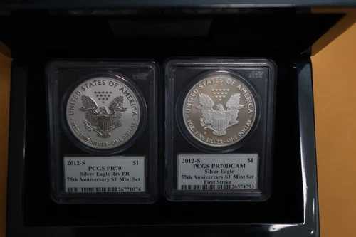 2012-S シルバーイーグル 2枚セット PCGS PR70/Rev PR70 FS ジョン・マーカンティ 箱+CoA付き