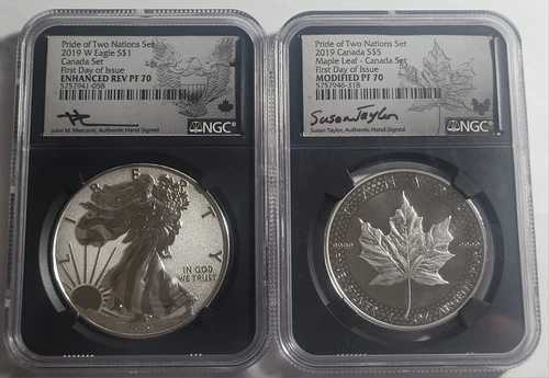2019 W PRIDE TWO NATIONS シルバーイーグル PCGS PR70 MERCANTI 初日 - カナダセット