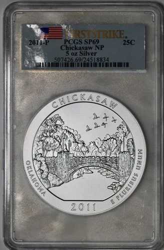 2011-P チカソー NRA (OK) 5オンス 純銀製スペシメンコイン PCGS SP69 ファーストストライク