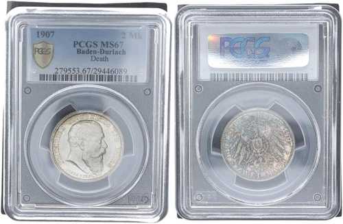 バーデン2マーク1907年フリードリヒの死 PCGS MS67 未使用 107195-