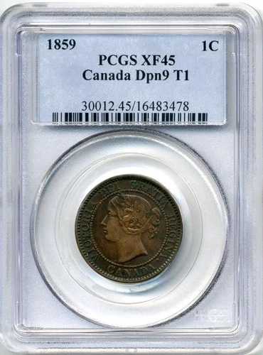 1859年カナダ ラージセント、ナロー9、DP1 - チョイスエクストリームリーファイン、PCGS EF45