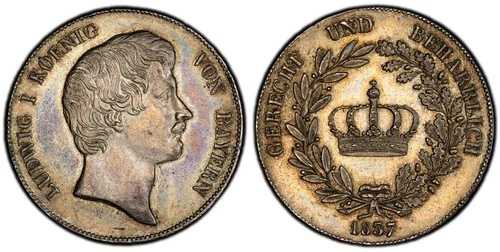 ドイツ製 聖バイエルン。ルートヴィヒ1世 1837年 ARターラー、クローネ。PCGS AU58+。J-30; AKS 76