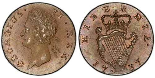 アイルランド。ジョージ2世 1737年 CU ファーシング。PCGS MS63BN ロンドン S-6608 D&F 557