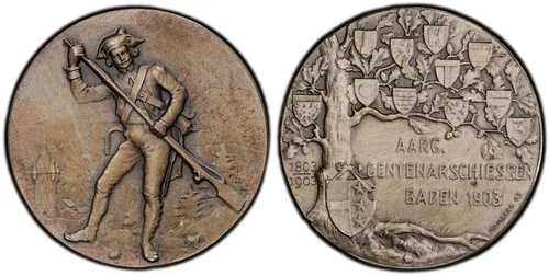 スイス、アールガウ州、バーデン。1903年AR射撃メダル。PCGS SP65 リヒター 29a