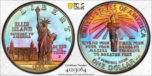1986年 S 自由の女神像 $1 PCGS (91 - 色は不明) 素晴らしい色調
