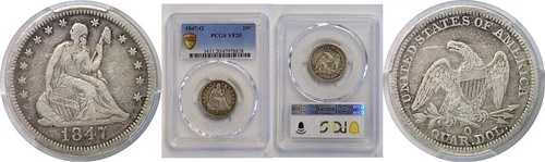 1847-O 着席自由の女神像 25セント硬貨 PCGS VF-20