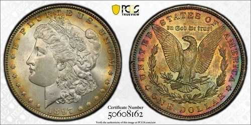 1897年 P モルガンシルバー 1ドル PCGS MS64 アメージングレインボーリバース - U071