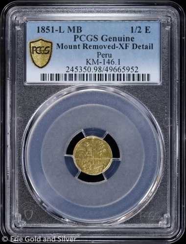 1851-L MB ペルー ゴールド 1/2 エスクード PCGS 正規 XF 詳細 | KM-146.1