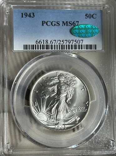 1943年 50セント PCGS MS 67 CAC ~ PQ ローポップシルバー ウォーキングリバティ ハーフブレザー！ホワイト