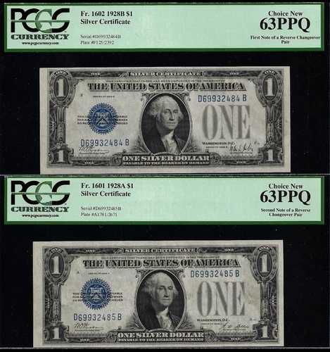 1928A 1928B 1ドル銀貨証明書 PCGS 63PPQ 裏面変更 Fr 1601 Fr 1602