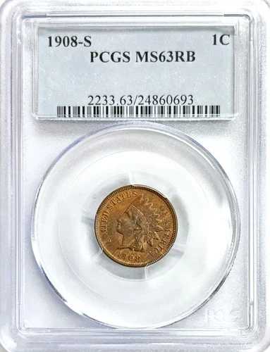 1908年 S USA インディアンヘッド セント キーデイトコイン PCGS ミント ステート 63 RB
