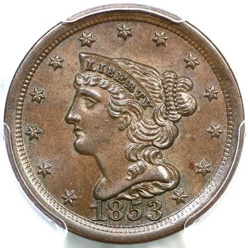 1853年 PCGS MS 64 BN 編組ヘアハーフセントコイン 1/2c-