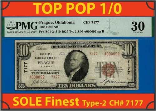 1929年 10ドル ナショナルバンク プラハ、オクラホマ州 CH# 7177 希少 3枚 PMG 30 トップポップ 1/0
