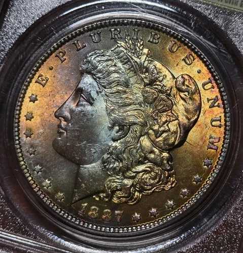 1887年 モルガン銀貨 PCGS MS63 CAC レインボートーン グリーンビーン 宝石