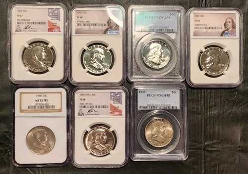 フランクリン ハーフ ダラー ロット - 1955 PF 68 & 1948 MS 65 FBL - 7 PCGS NGC グレーディング スラブ