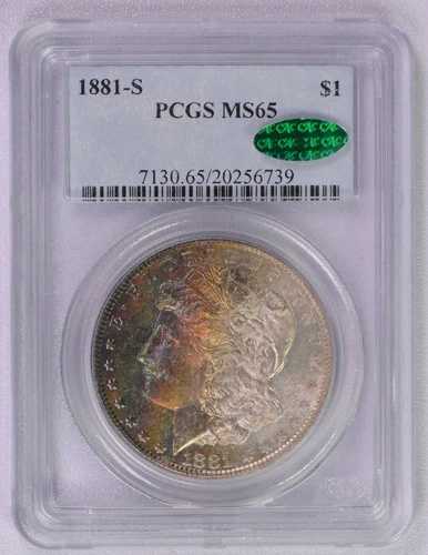 1881 S モーガン ダラー PCGS MS65 CAC 美しいレインボー トーン!!!