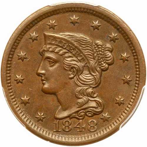 1848年 N-20 R-3 PCGS MS 63 BN 編み込みヘア ラージセントコイン 1セント