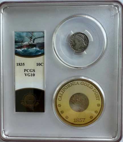SS セントラル アメリカ 1835 キャップ付き胸像ダイム PCGS VG10 ゴールド ピンチ トレジャー コイン付き!