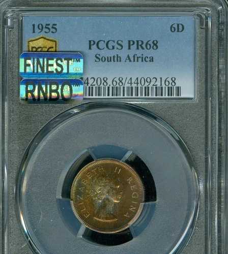 1955 年南アフリカ 6 ペンス PCGS PR68 MAC 最高級グレード & MAC レインボー。