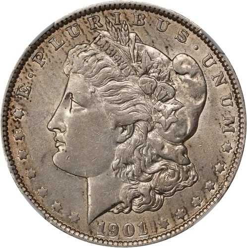 1901年 モルガン銀貨 NGC AU-55。キーデート付き。素晴らしいコイン!光沢あり。
