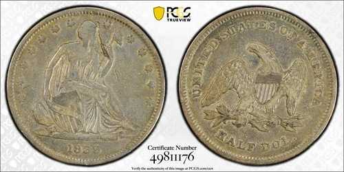 1839年 50セント 着席自由の女神像 ハーフダラー ドレープ PCGS スクラッチ VF 詳細 金貨収集家