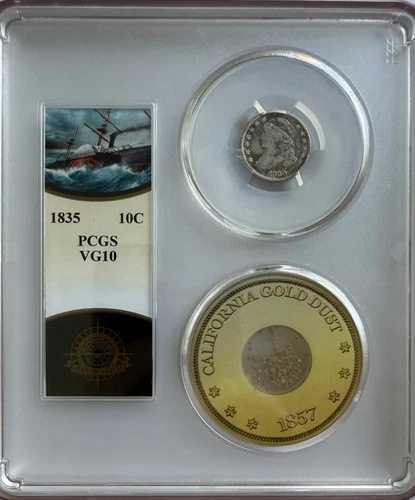 SS セントラル アメリカ 1835 キャップ付き胸像ダイム PCGS VG10 ゴールド ピンチ トレジャー コイン付き!