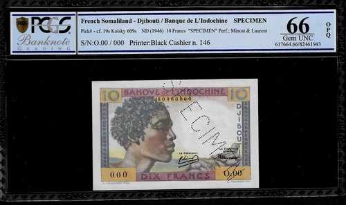 フランス領ソマリランド 見本 10フラン 1946年 PCGS 66 OPQ UNC P # 19s ジブチ