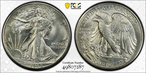1945-D PCGS MS67 ウォーキング・リバティ・ハーフダラー 素晴らしい目を引くゴールドシールド