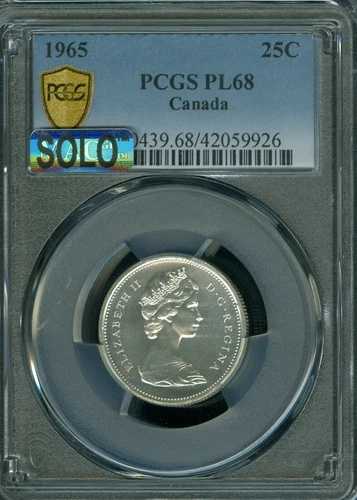 1965年カナダ25セントPCGS PL68 MAC SOLO 最高級グレードスポットレス。