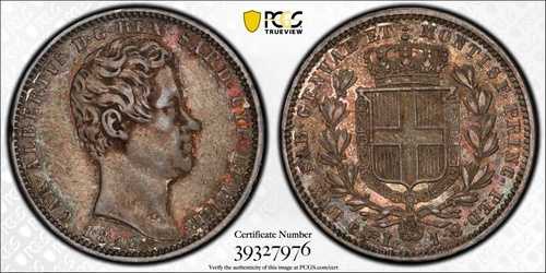 1リラ 1843-P イタリア サルデーニャ 銀貨 - PCGS AU-53 希少発行|WORLD RESOURCE【QUEEN店】