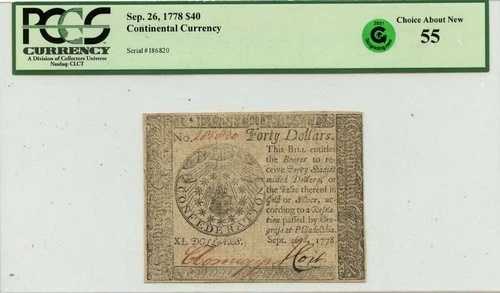 1778年9月26日、40ドル大陸通貨FR#CC-84 PCGS AU55 GCCグリーンチョイス