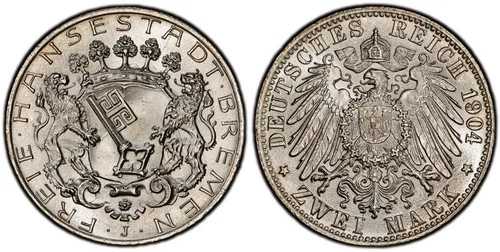 ドイツの聖ブレーメン。1904-J AR 2マルク。PCGS MS67 ハンブルク KM 250; J-59。