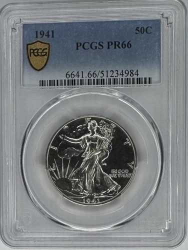 1941年ウォーキング・リバティ・ハーフダラー・プルーフ PCGS PR66??デザイナーイニシャルなし (AW)??