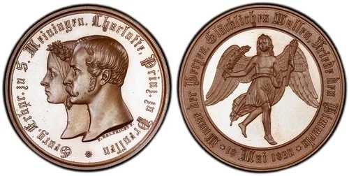 ドイツ製 ST ザクセン＝マイニンゲン。1850年 AE メダル。PCGS SP66。Merseb-3486; Pick 49