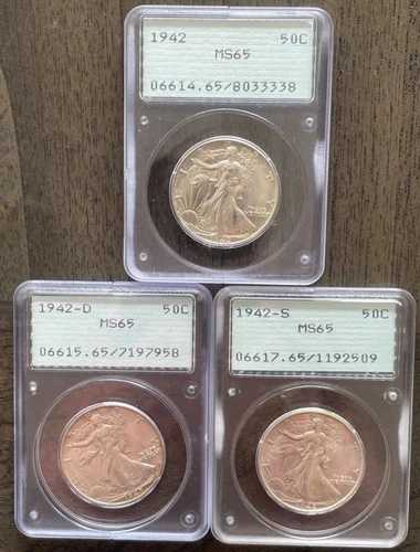 1942年 PDS ウォーキング・リバティ ハーフダラー コイン 3枚セット PCGS ラトラーホルダー MS 65