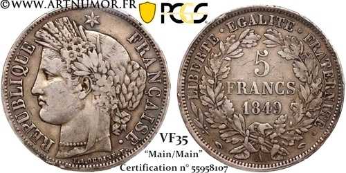 5フラン セレス、1849年 A パリ メイン/メイン | PCGS VF35-