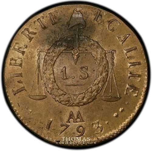 コイン - フランス - 1ソル・オウ・バランス - 1793 AA メス - 書き換え - PCGS MS63-｜WORLD RESOURCE【QUEEN店】
