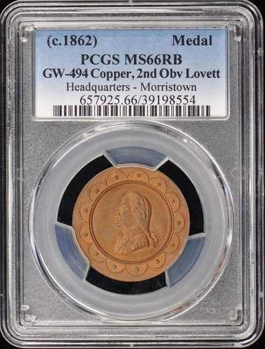 1862年 GW-494 銅製本部モリスタウン PCGS MS66RB メダル