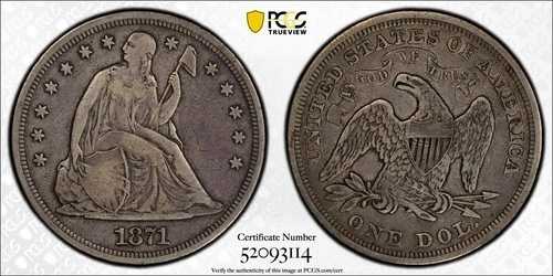 1871年 自由の女神像 1ドル硬貨 - PCGS純正 VF ディテールスクラッチ（#1004）｜WORLD RESOURCE【QUEEN店】