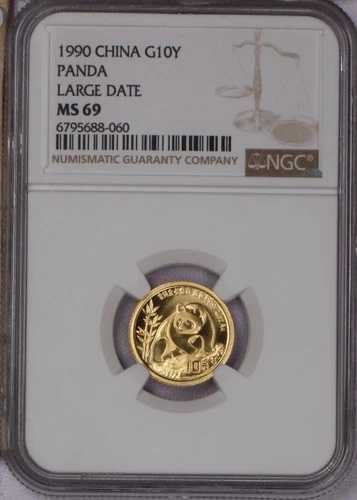 1990年 パンダ金貨 1/10オンス 10元 ラージデイト NGC MS69。送料無料。