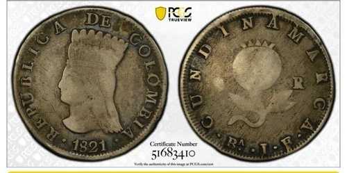 コロンビア。クンディナマルカ。 8 レアル、1821-JF。ボゴタミント。 PCGS F12。
