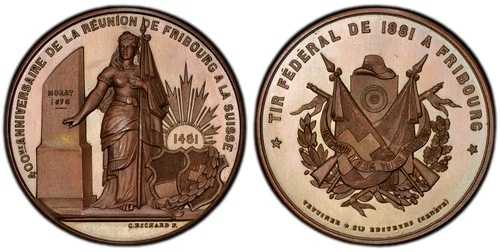スイス、フリブール。1881年ブロンズAEメダル。PCGS SP65 リヒター 414b 134,200円