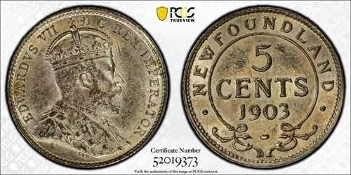 1903年ニューファンドランド5セント銀貨 PCGS MS62 ロット番号G1512！素晴らしいUNC！日付も良好